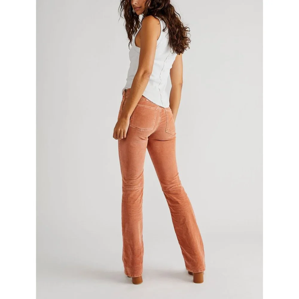FREE PEOPLE Jenny High Rise Cord Slim Flare Jeans / Cognac - Picture 2 of 4